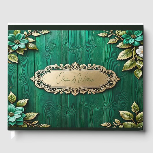Rustiek Smaragdgroen Gouden Bloemen Huwelijk Gastenboek (Voorkant)