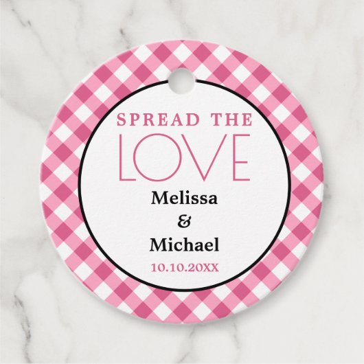 Rustiek Spread De Liefde Roze Gingham Bruiloft Bedankjes Labels (Voorkant)