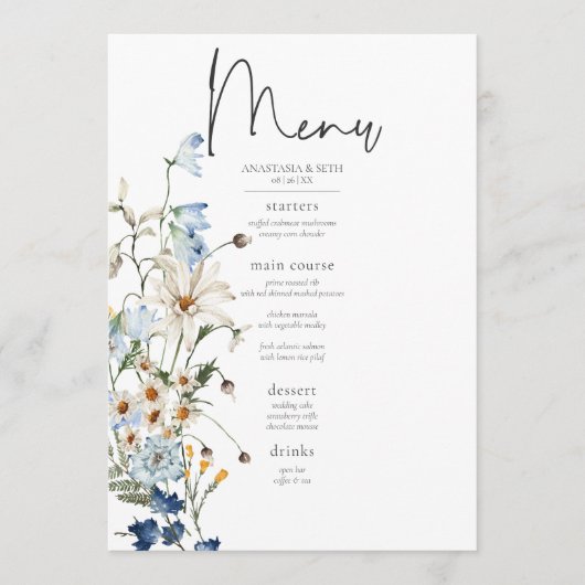 Rustiek Stoffig Blauw Wildbloemen & Daisies Bruilo Menu (Voorkant)