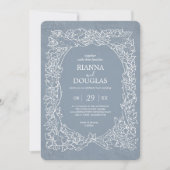 Rustiek Stoffig Blauw & Wit Bloemen Vogel Bruiloft Kaart (Voorkant)