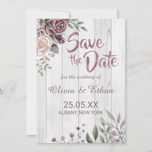 Rustiek stoffig Roos Bloemen op Hout Save The Date (Voorkant)