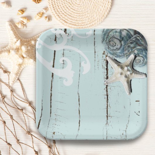 Rustiek strand Aqua Blue Seashell Zeesterren bruil Papieren Bordje