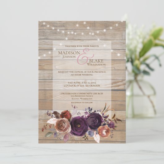 Rustiek String Licht Paarse Bloemen Bruiloft Hout Kaart (Staand voorkant)