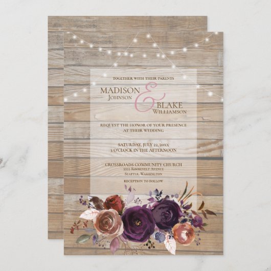 Rustiek String Licht Paarse Bloemen Bruiloft Hout Kaart (Voorkant / Achterkant)