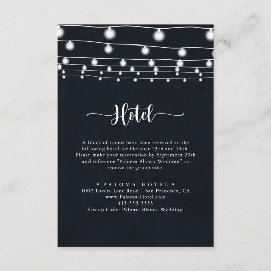 Rustiek String Lights Kalligrafie Hotel Informatiekaartje (Voorkant)