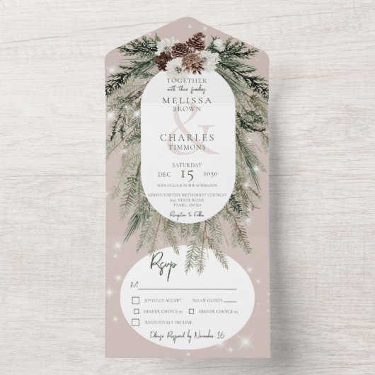 Rustiek Tan Pine Winter Sparkle Diner All In One Uitnodiging (Binnen)