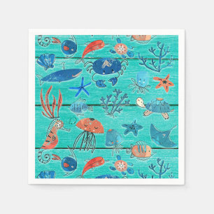 Rustiek Teal Hout & Onder de Zee Vrienden Whimsisc Servet