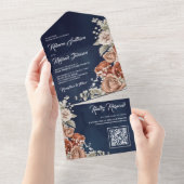 Rustiek Terracotta Bloemen Marine Blauw QR Code Br All In One Uitnodiging (Afscheurbaar)