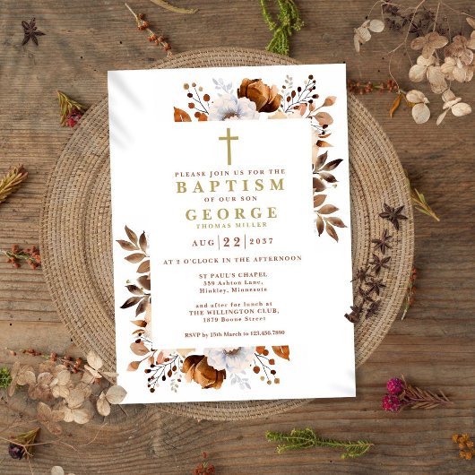 Rustiek Terracotta Boho Bloemen Modern Doopsel Kaart