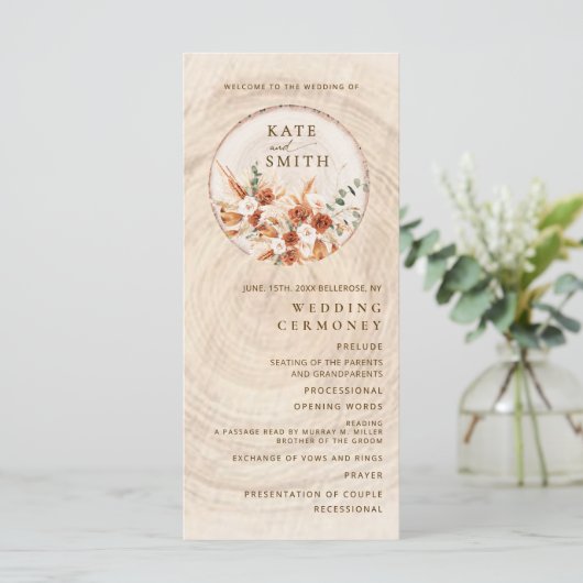 Rustiek Terracotta Hout Cut Wedding Programma (Staand voorkant)