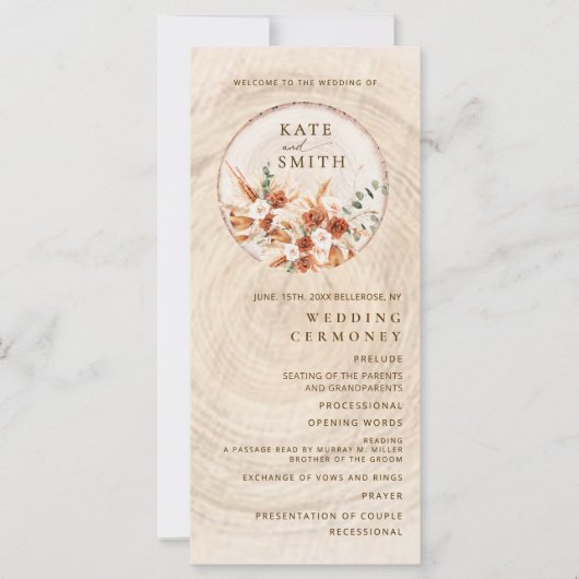 Rustiek Terracotta Hout Cut Wedding Programma (Voorkant)