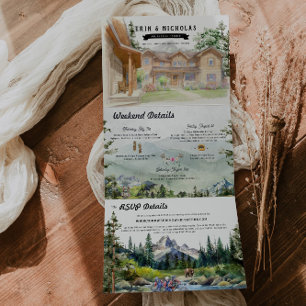 Rustiek Teton gebergte Geïllustreerde bruiloft Drieluik Uitnodiging