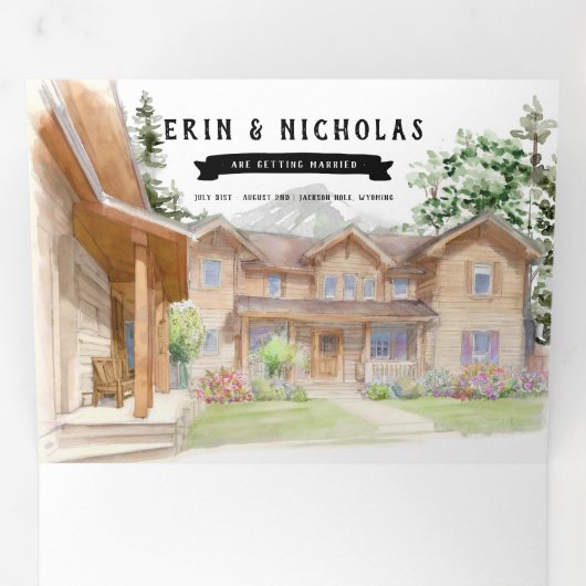 Rustiek Teton gebergte | Geïllustreerde bruiloft Drieluik Uitnodiging (Binnenzijde eerst)