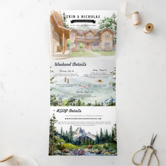 Rustiek Teton gebergte | Geïllustreerde bruiloft Drieluik Uitnodiging (Binnen)