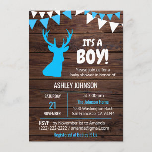 Rustiek thema Buck Blue BOY Baby Douche Uitnodigin Kaart