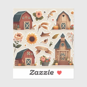 Rustiek-thema stickers met schuren, bloemen,