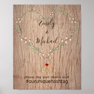 Rustiek trouwfeest hashtag bord - Houten hart bloe Poster