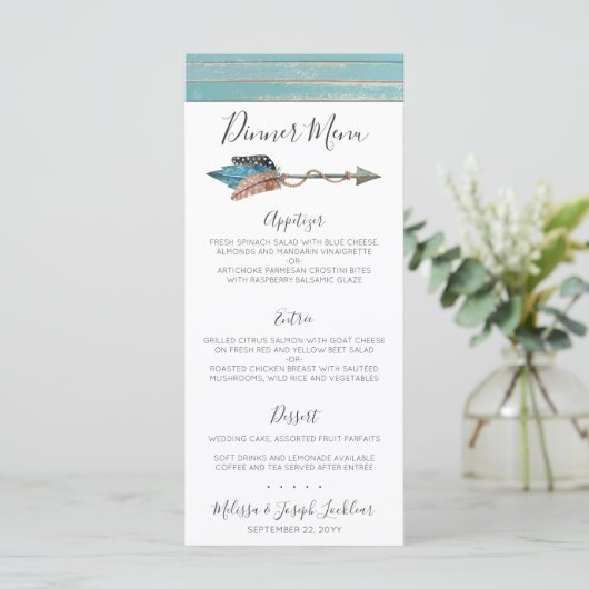 Rustiek Turquoise hout Boho Feather Diner Menu (Staand voorkant)