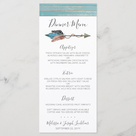 Rustiek Turquoise hout Boho Feather Diner Menu (Voorkant)