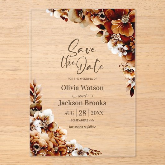 Rustiek Verbrand Sinaasappel Bloemen Bruiloft Save Acryl Uitnodigingen (Voorkant)