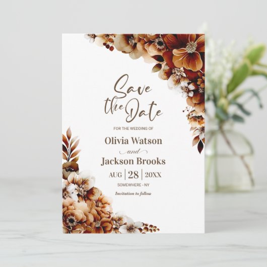 Rustiek Verbrand Sinaasappel Bloemen Bruiloft Save Kaart (Staand voorkant)