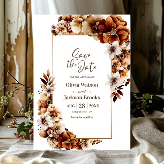 Rustiek Verbrand Sinaasappel Bloemen Bruiloft Save Save The Date