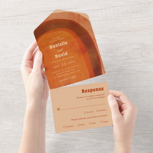 Rustiek Verbrand Sinaasappel Boog Modern Wedding All In One Uitnodiging (Afscheurbaar)