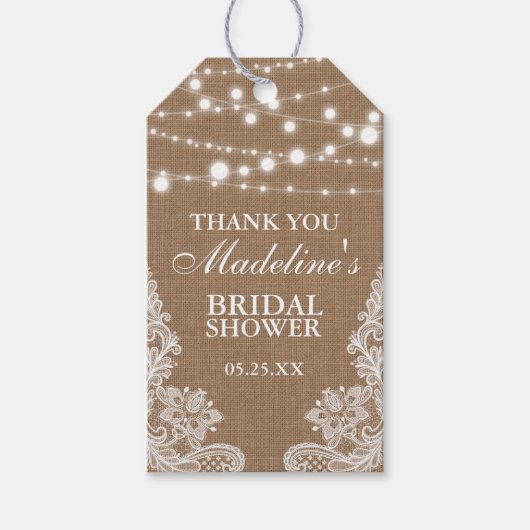 Rustiek Vrijgezellenfeest Burlap Lights Kant Dank  Cadeaulabel (Voorkant)