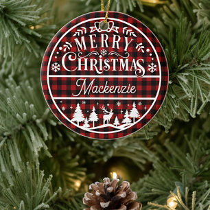 Rustiek Vrolijk Kerstmis Rood & Zwart Geplaagd Cus Keramisch Ornament