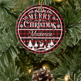Rustiek Vrolijk Kerstmis Rood & Zwart Geplaagd Cus Keramisch Ornament