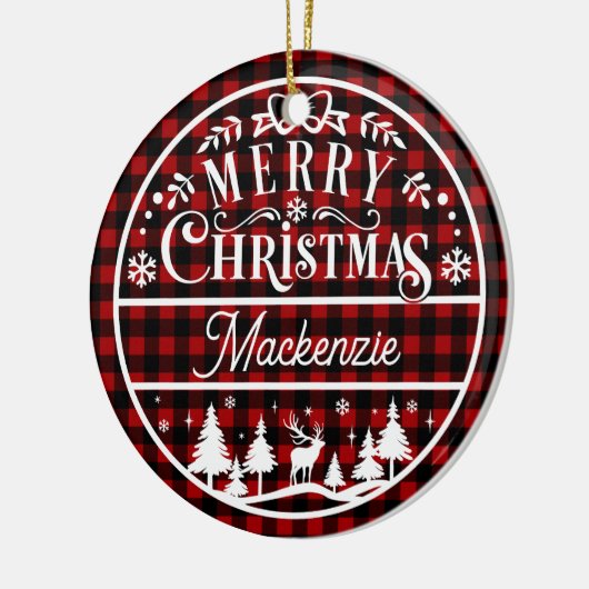 Rustiek Vrolijk Kerstmis Rood & Zwart Geplaagd Cus Keramisch Ornament (Links)