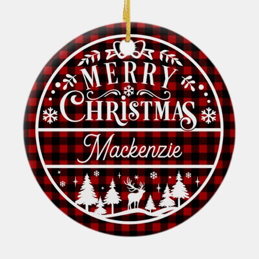 Rustiek Vrolijk Kerstmis Rood & Zwart Geplaagd Cus Keramisch Ornament (Achterkant)