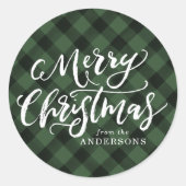 Rustiek Vrolijk Kerstmis Script Groen Plaid Ronde Sticker (Voorkant)