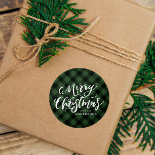 Rustiek Vrolijk Kerstmis Script Groen Plaid Ronde Sticker
