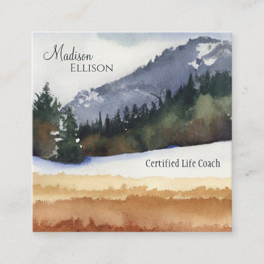 Rustiek Waterverf Mountain Pine Forest Vierkante Visitekaartje (Voorkant)