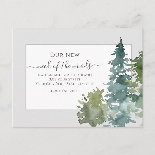 Rustiek We hebben nieuwe Home Pine Tree aankondigi Briefkaart (Voorkant)