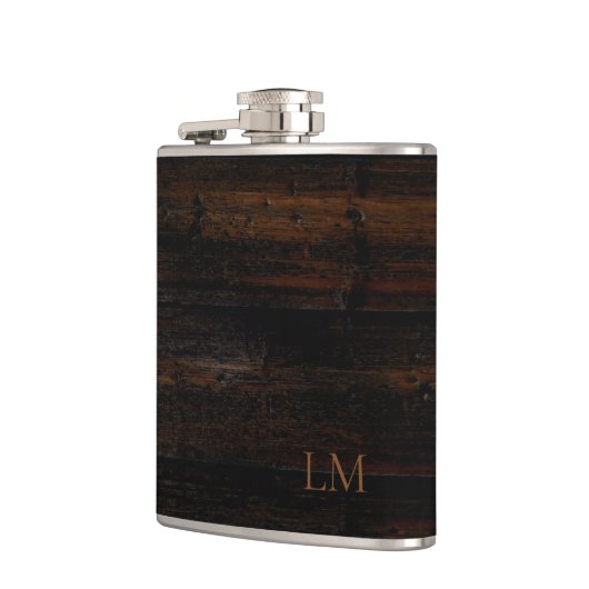 Rustiek Weathered Zwart Bruin Hout bruiloft Monogr Heupfles (Links)