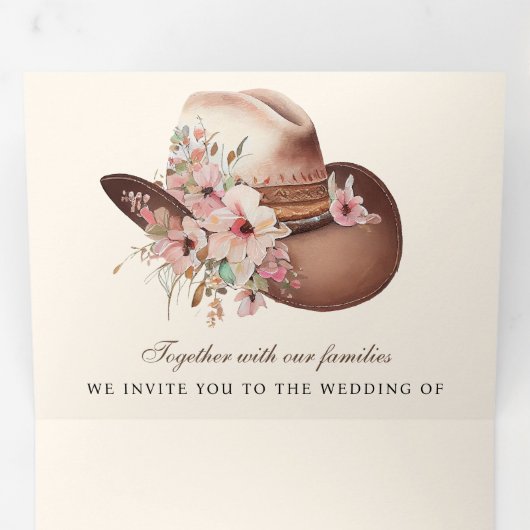 Rustiek Western Cowboy Bloemen Pet QR Code Bruilof Drieluik Uitnodiging (Binnenzijde eerst)