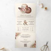 Rustiek Western Cowboy Bloemen Pet QR Code Bruilof Drieluik Uitnodiging (Binnen)