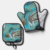Rustiek Western Land Blauw Turquoise Monogram Ovenwant & Pannenlap Set (Voorkant / Achterkant)