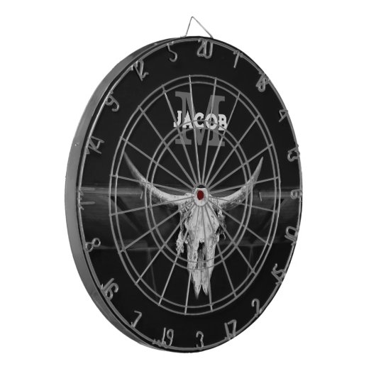 Rustiek Western Zwart-wit Bull Skull Monogram Dartbord (Voorkant Links)