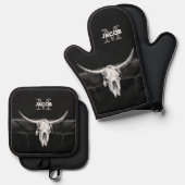 Rustiek Western Zwart-wit Bull Skull Monogram Ovenwant & Pannenlap Set (Voorkant / Achterkant)