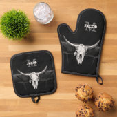 Rustiek Western Zwart-wit Bull Skull Monogram Ovenwant & Pannenlap Set (Top down)