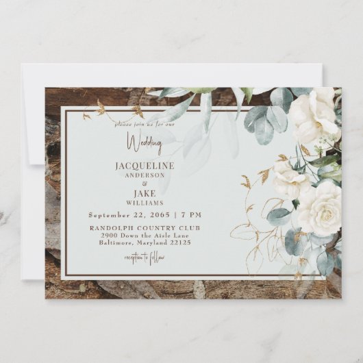 Rustiek Wit Bloemen Houten Licht Sage Bruiloft Kaart (Voorkant)