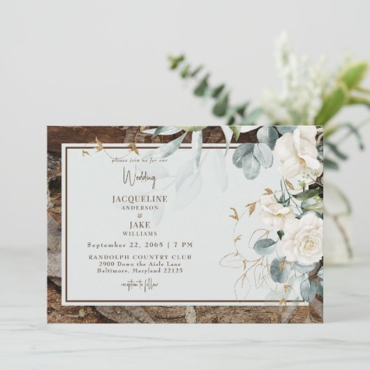 Rustiek Wit Bloemen Houten Licht Sage Bruiloft Kaart (Staand voorkant)