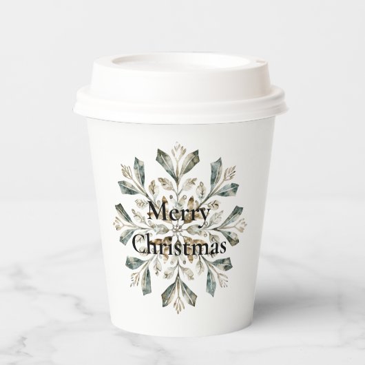 Rustiek Wit Groen Kerst Sneeuwvlok Papieren Bekers (Voorkant)