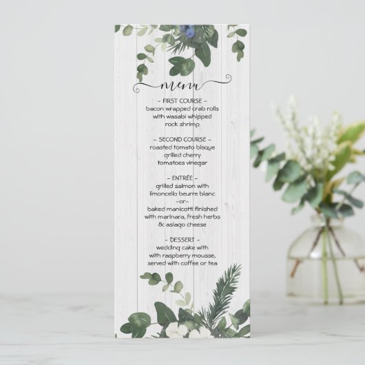 Rustiek Wit Hout Bloemen & Pine Menu Kaart (Staand voorkant)