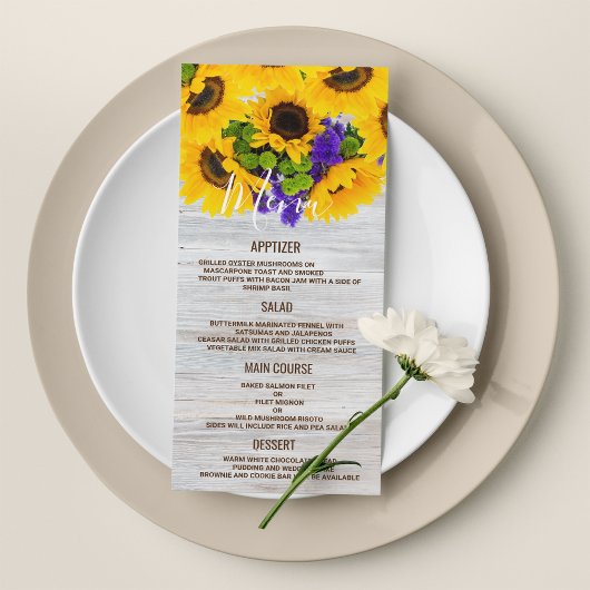 Rustiek wit hout zonnebloem bloemenbruiloft Menu