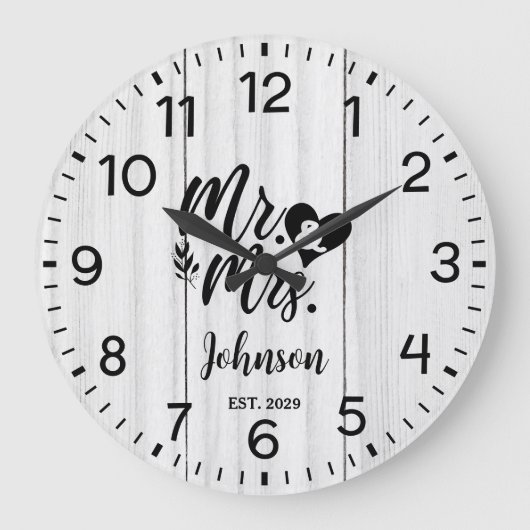Rustiek Wit houten Elegant Script Mr & Mrs. Grote Klok (Voorkant)