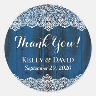 Rustiek Wit Kant Blauw Schuur Hout Bruiloft Favor Ronde Sticker